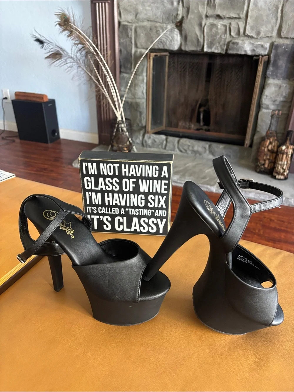 Pleaser Aspire-609 Black Platform Peep-Toe Ankle Strap Stripper Heels